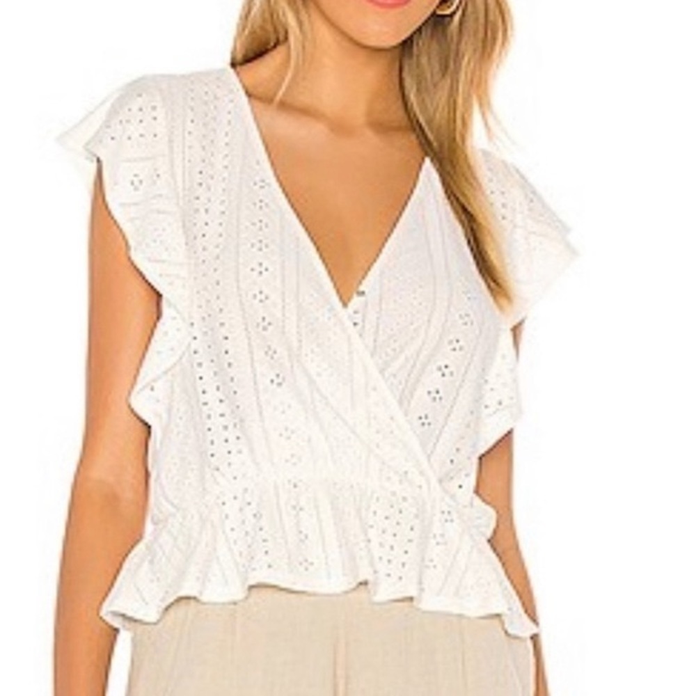 BCBGeneration White Surplice Ruffle Sleeve Top, XS